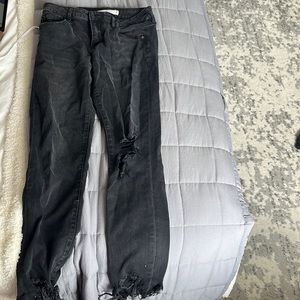 Distressed cropped black/ gray jeans